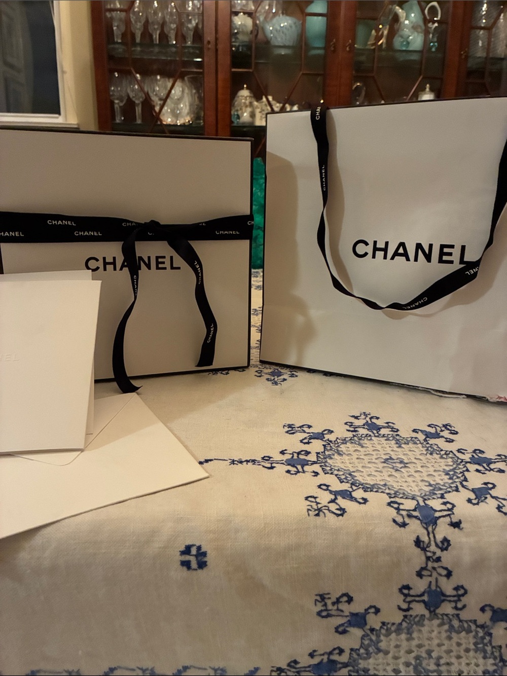 CHANEL White Gift Packaging with Black Ribbon, Box measures 8-1/2 x 8-3/4x 4”